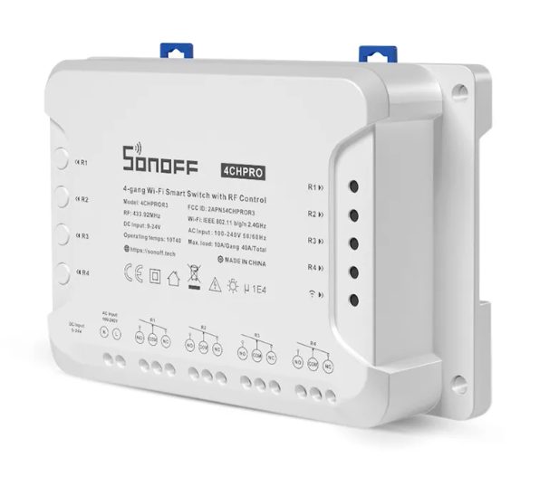 Sonoff 4CHPROR3 - 4 rása hússtjórnar WiFi modull með RF móttakara. Spennulausa á/af - opnar/lokaðar snertur